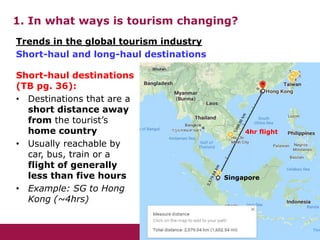 1. In what ways is tourism changing?
Short-haul destinations
(TB pg. 36):
• Destinations that are a
short distance away
from the tourist’s
home country
• Usually reachable by
car, bus, train or a
flight of generally
less than five hours
• Example: SG to Hong
Kong (~4hrs)
Trends in the global tourism industry
Short-haul and long-haul destinations
Singapore
4hr flight
 