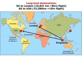 Singapore
Long-haul destinations:
SG to London (10,841 km ~8hrs flight)
SG to USA (15,280km ~19hr flight)
London
 
