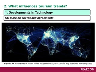 2. What influences tourism trends?
Figure 1.44 A world map of aircraft routes. Adapted from: Spatial Analysis Blog by Michael Markieta (2011)
1. Developments in Technology
(d) More air routes and agreements
 