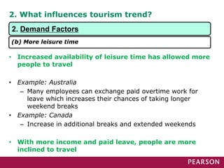 2. What influences tourism trend?
• Increased availability of leisure time has allowed more
people to travel
• Example: Australia
– Many employees can exchange paid overtime work for
leave which increases their chances of taking longer
weekend breaks
• Example: Canada
– Increase in additional breaks and extended weekends
• With more income and paid leave, people are more
inclined to travel
2. Demand Factors
(b) More leisure time
 