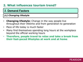 2. What influences tourism trend?
• Changing lifestyle: Change in the way people live
throughout their lifetime and from generation to generation
• Pace of life today is much faster
• Many find themselves spending long hours at the workplace
beyond the official working hours
• Therefore, people travel to relax and take a break from
their fast-paced lifestyles at work and at home
2. Demand Factors
(c) Changing lifestyle
 