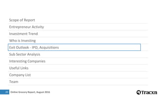 Online Grocery Report, August 201621
Top IPOs
IPO Date Company Overview
Funding
Amount
Mcap at IPO
Exch:Ticker
Jun-2011 ch...