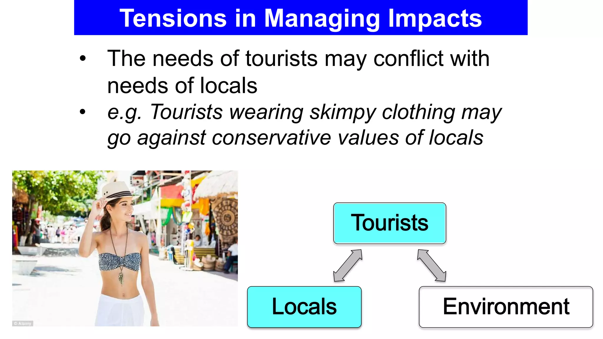 Tensions in Managing Impacts
• The needs of tourists may conflict with
needs of locals
• e.g. Tourists wearing skimpy clothing may
go against conservative values of locals
 