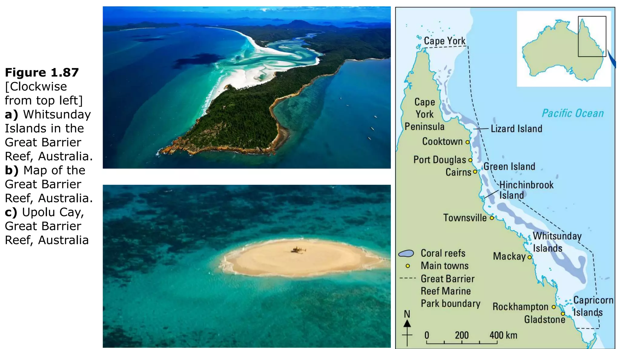 Figure 1.87
[Clockwise
from top left]
a) Whitsunday
Islands in the
Great Barrier
Reef, Australia.
b) Map of the
Great Barrier
Reef, Australia.
c) Upolu Cay,
Great Barrier
Reef, Australia
 