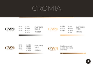 R: 45
G: 40
B: 36
PANTONE®
Black C
#2d2824
C: 66%
M: 64%
Y: 67%
K: 69%
R: 249
G: 200
B: 142
PANTONE®
148 C
#f9c88e
C: 1%
M:23%
Y: 48%
K: 0%
R: 95
G: 59
B: 22
Gradiente gerado
a partir dos 2 tons
descritos.
PANTONE®
160 C
#5f3b16
C: 43%
M:68%
Y: 96%
K: 49%
4
CROMIA
 