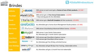#GlobalWindowsAzure
Brindes
JetBrains
ONE winner at each event gets a license of one of their products. (U$ 500 ~
U$1999)
PluralSight
ONE winner get a 1 Year Annual Subscription. (U$299)
7 Day training pass for ALL Attendees
Telerik ONE winner get a DevCraft Complete (all their products). (U$1499)
Cerebrata ALL Attendees get a license Azure Management Studio product. (U$ 300)
Blue Syntax ONE winner Cloud Backup Advanced Edition license. (U$2999)
MyGet
ONE winner 1 year Starter Subscription
ALL Attendees get 1 month starter subscription
Cloud Berry
FIVE winners get Cloud Berry Explorer License
FIVE winners get Cloud Berry Drive License
AzureWatch ALL Attendees get free 30 day unlimited license
Inner Workings ALL Attendees will get 90 days Free Training, redeemable online.
Zudio ALL Attendees will get a 3 month free trial redeemable
 