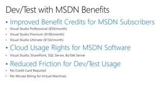 • Improved Benefit Credits for MSDN Subscribers
• Cloud Usage Rights for MSDN Software
• Reduced Friction for Dev/Test Usage
46
 