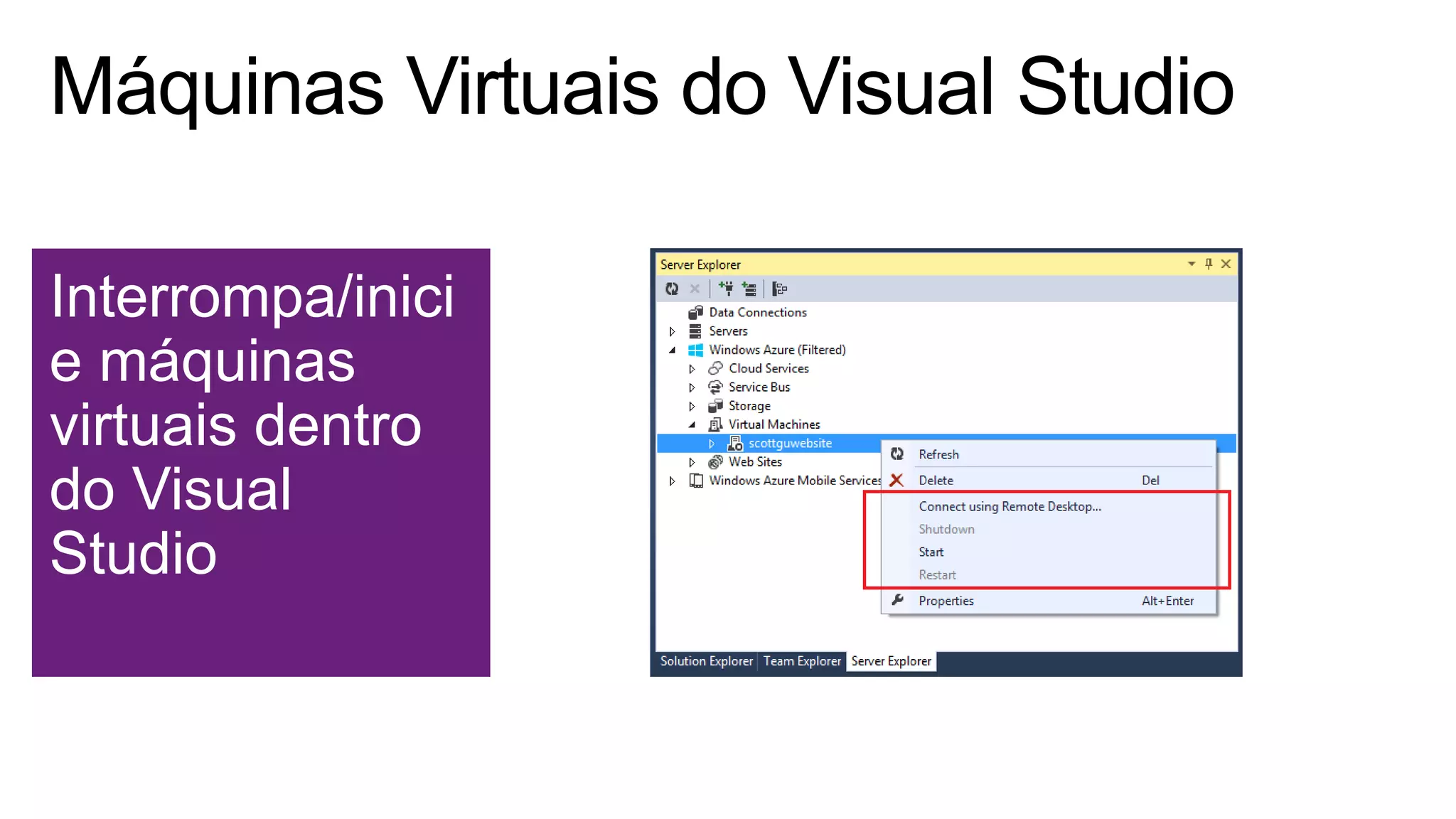 Interrompa/inici
e máquinas
virtuais dentro
do Visual
Studio
 