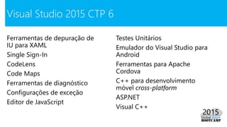 Ferramentas de depuração de
IU para XAML
Single Sign-In
CodeLens
Code Maps
Ferramentas de diagnóstico
Configurações de exceção
Editor de JavaScript
Visual Studio 2015 CTP 6
Testes Unitários
Emulador do Visual Studio para
Android
Ferramentas para Apache
Cordova
C++ para desenvolvimento
móvel cross-platform
ASP.NET
Visual C++
 