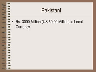 Pakistani Rs. 3000 Million (US 50.00 Million) in Local Currency   