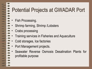Potential Projects at GWADAR Port   Fish Processing . Shrimp farming, Shrimp /Lobsters Crabs processing Training services in Fisheries and Aquaculture Cold storages, Ice factories Port Management projects. Seawater Reverse Osmosis Desalination Plants for profitable purpose 
