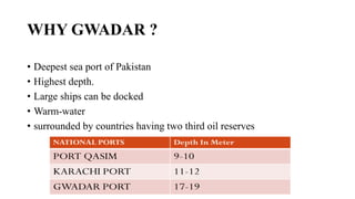 WHY GWADAR ?
• Deepest sea port of Pakistan
• Highest depth.
• Large ships can be docked
• Warm-water
• surrounded by countries having two third oil reserves
 