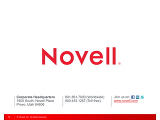 801.861.7000 (Worldwide) 
800.453.1267 (Toll-free) 
Corporate Headquarters 
1800 South, Novell Place 
Provo, Utah 84606 
Join us on: 
www.novell.com 
© Novell, Inc. All rights reserved. 
18  
