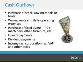 Cash Outflows
• Purchase of stock, raw materials or
  tools
• Wages, rents and daily operating
  expenses
• Purchase of fixed assets – PC’s,
  machinery, office furniture, etc
• Loan repayments
• Dividend payments
• Income tax, corporation tax, VAT
  and other taxes
 