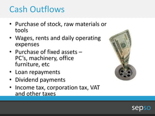 Cash Outflows
• Purchase of stock, raw materials or
  tools
• Wages, rents and daily operating
  expenses
• Purchase of fixed assets –
  PC’s, machinery, office
  furniture, etc
• Loan repayments
• Dividend payments
• Income tax, corporation tax, VAT
  and other taxes
 