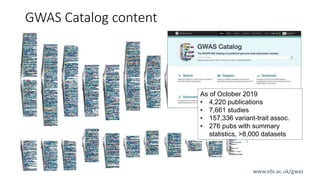 GWAS Catalog content
As of October 2019
• 4,220 publications
• 7,661 studies
• 157,336 variant-trait assoc.
• 276 pubs with summary
statistics, >8,000 datasets
www.ebi.ac.uk/gwas
 