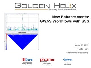 New Enhancements:
GWAS Workflows with SVS
August 9th, 2017
Gabe Rudy
VP Product & Engineering
20 most promising
Biotech Technology
Providers
Top 10 Analytics
Solution Providers
Hype Cycle for
Life sciences
 