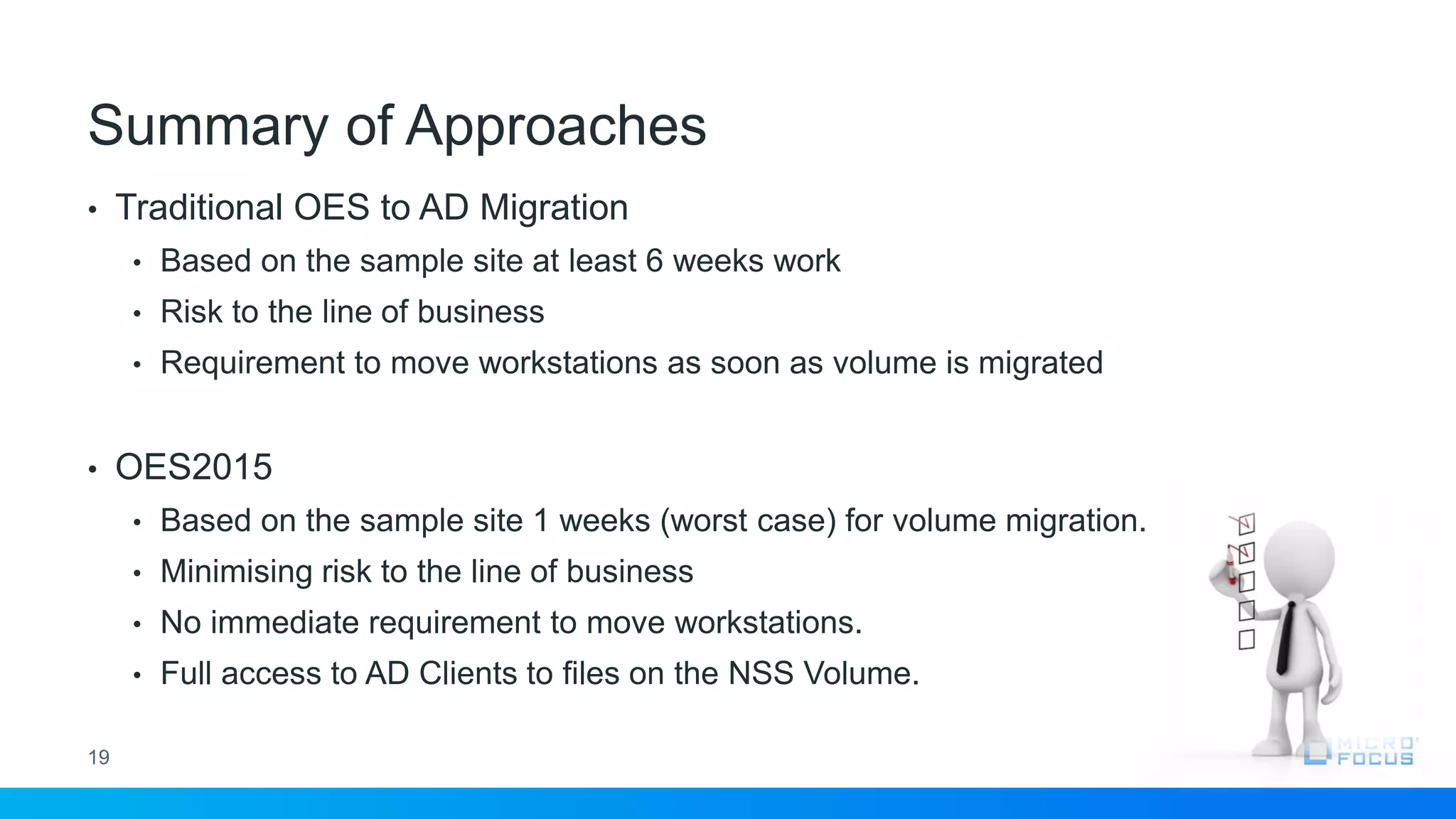 • Traditional OES to AD Migration
• Based on the sample site at least 6 weeks work
• Risk to the line of business
• Requirement to move workstations as soon as volume is migrated
• OES2015
• Based on the sample site 1 weeks (worst case) for volume migration.
• Minimising risk to the line of business
• No immediate requirement to move workstations.
• Full access to AD Clients to files on the NSS Volume.
19
Summary of Approaches
 
