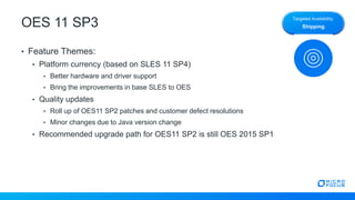 OES 11 SP3
• Feature Themes:
• Platform currency (based on SLES 11 SP4)
• Better hardware and driver support
• Bring the improvements in base SLES to OES
• Quality updates
• Roll up of OES11 SP2 patches and customer defect resolutions
• Minor changes due to Java version change
• Recommended upgrade path for OES11 SP2 is still OES 2015 SP1
Targeted Availability:
Shipping
 