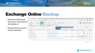 2016
TITLE
HEREExchange Online Backup
• Microsoft Online Dienste
bieten keine direkte Backup
Schnittstelle an
• Managed Services können
hierbei unterstützen
#GWAVACon
 
