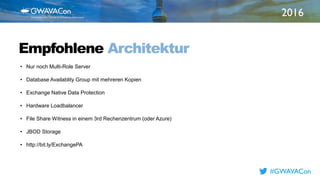 2016
TITLE
HEREEmpfohlene Architektur
• Nur noch Multi-Role Server
• Database Availablity Group mit mehreren Kopien
• Exchange Native Data Protection
• Hardware Loadbalancer
• File Share Witness in einem 3rd Rechenzentrum (oder Azure)
• JBOD Storage
• http://bit.ly/ExchangePA
#GWAVACon
 