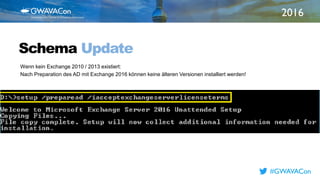 2016
TITLE
HERESchema Update
Wenn kein Exchange 2010 / 2013 existiert:
Nach Preparation des AD mit Exchange 2016 können keine älteren Versionen installiert werden!
#GWAVACon
 