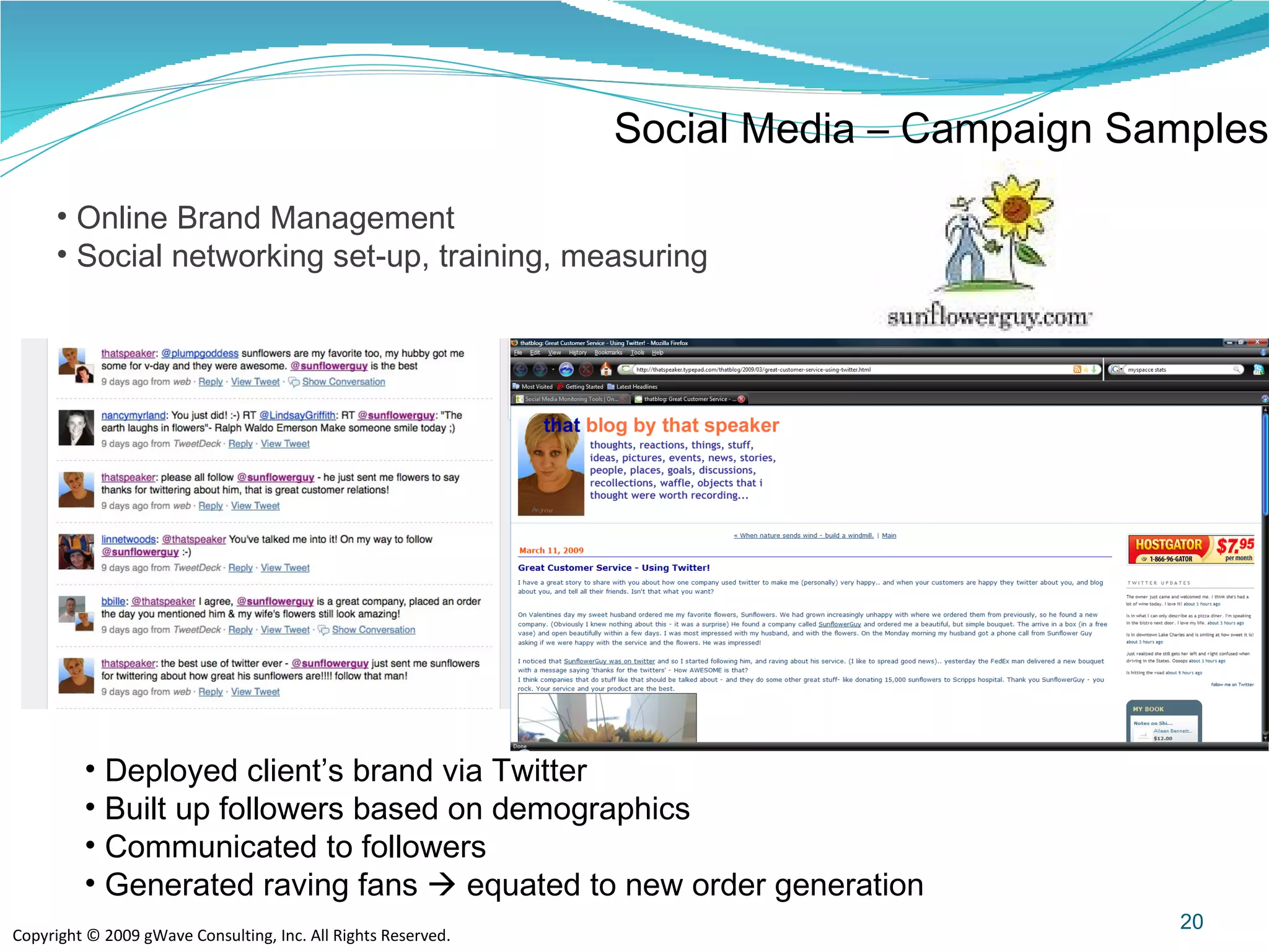 20 Social Media – Campaign Samples Online Brand Management Social networking set-up, training, measuring Deployed client’s brand via Twitter Built up followers based on demographics Communicated to followers Generated raving fans    equated to new order generation 