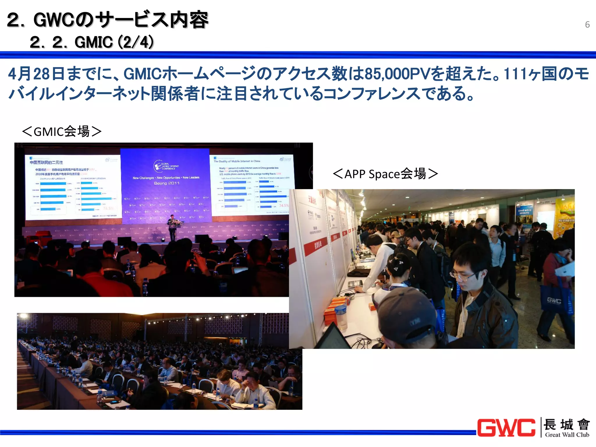 ２．GWCのサービス内容                                 6

 ２．２．GMIC (2/4)
4月28日までに、GMICホームページのアクセス数は85,000PVを超えた。111ヶ国のモ
バイルインターネット関係者に注目されているコンファレンスである。

＜GMIC会場＞


                         ＜APP Space会場＞
 