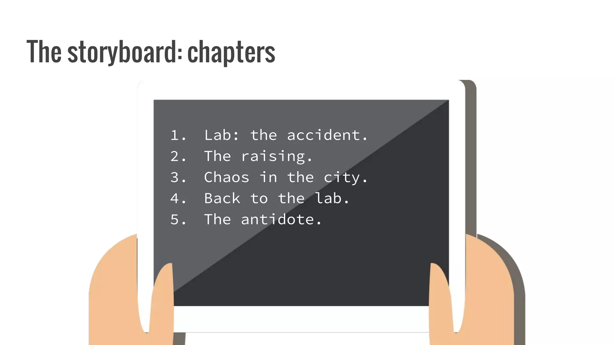 The storyboard: chapters
1. Lab: the accident.
2. The raising.
3. Chaos in the city.
4. Back to the lab.
5. The antidote.
 