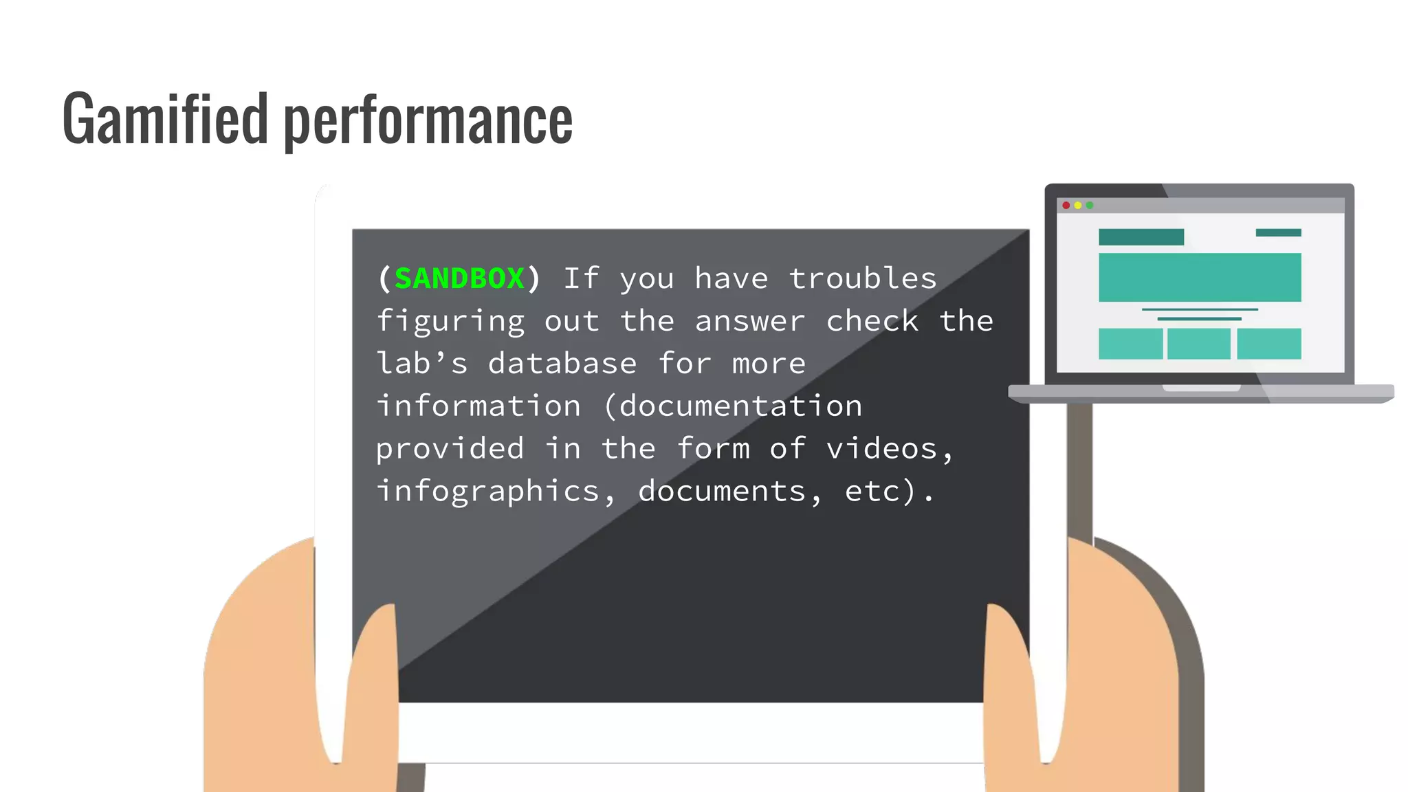 Gamified performance
(SANDBOX) If you have troubles
figuring out the answer check the
lab’s database for more
information (documentation
provided in the form of videos,
infographics, documents, etc).
 