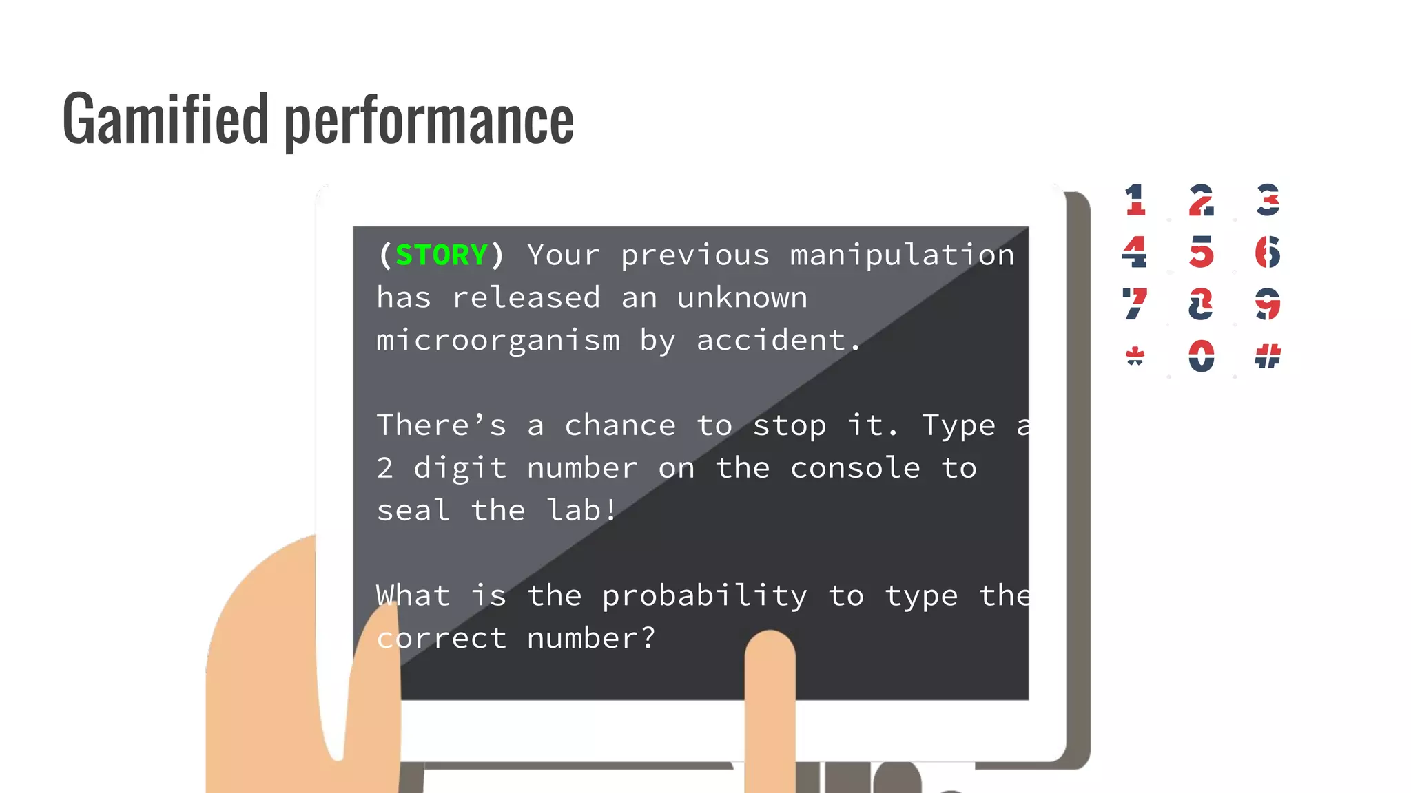 Gamified performance
(STORY) Your previous manipulation
has released an unknown
microorganism by accident.
There’s a chance to stop it. Type a
2 digit number on the console to
seal the lab!
What is the probability to type the
correct number?
 