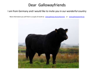 Dear Gallowayfriends
I am from Germany and I would like to invite you in our wonderful country

 More information you will find in a couple of month at www.galloway-deutschland.de or www.gallowayworld.org
 