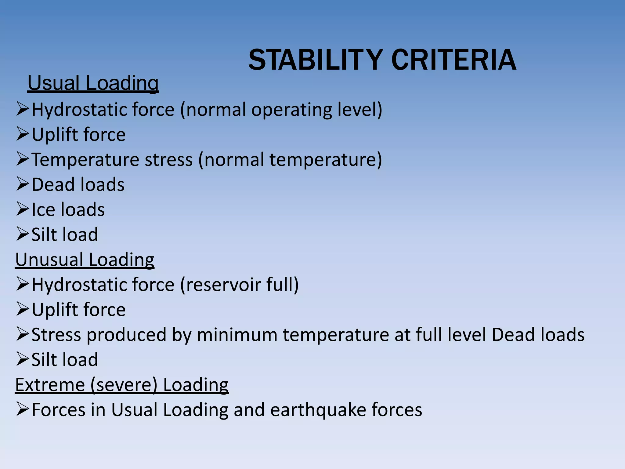 STABILITY CRITERIA
Usual Loading
Hydrostatic force (normal operating level)
Uplift force
Temperature stress (normal temperature)
Dead loads
Ice loads
Silt load
Unusual Loading
Hydrostatic force (reservoir full)
Uplift force
Stress produced by minimum temperature at full level Dead loads
Silt load
Extreme (severe) Loading
Forces in Usual Loading and earthquake forces
 