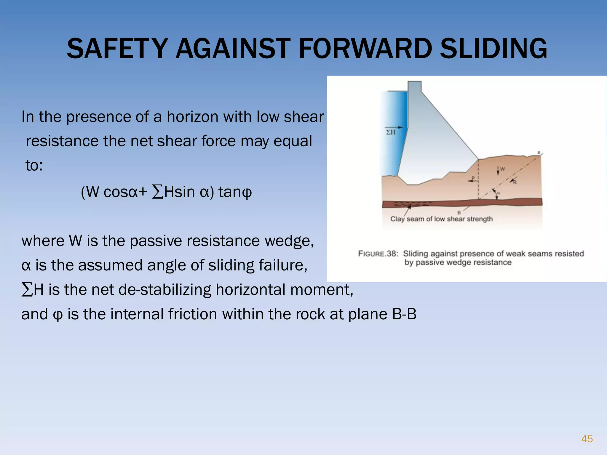 SAFETY AGAINST FORWARD SLIDING
In the presence of a horizon with low shear
resistance the net shear force may equal
to:
(W cosα+ ∑Hsin α) tanφ
where W is the passive resistance wedge,
α is the assumed angle of sliding failure,
∑H is the net de-stabilizing horizontal moment,
and φ is the internal friction within the rock at plane B-B
45
 