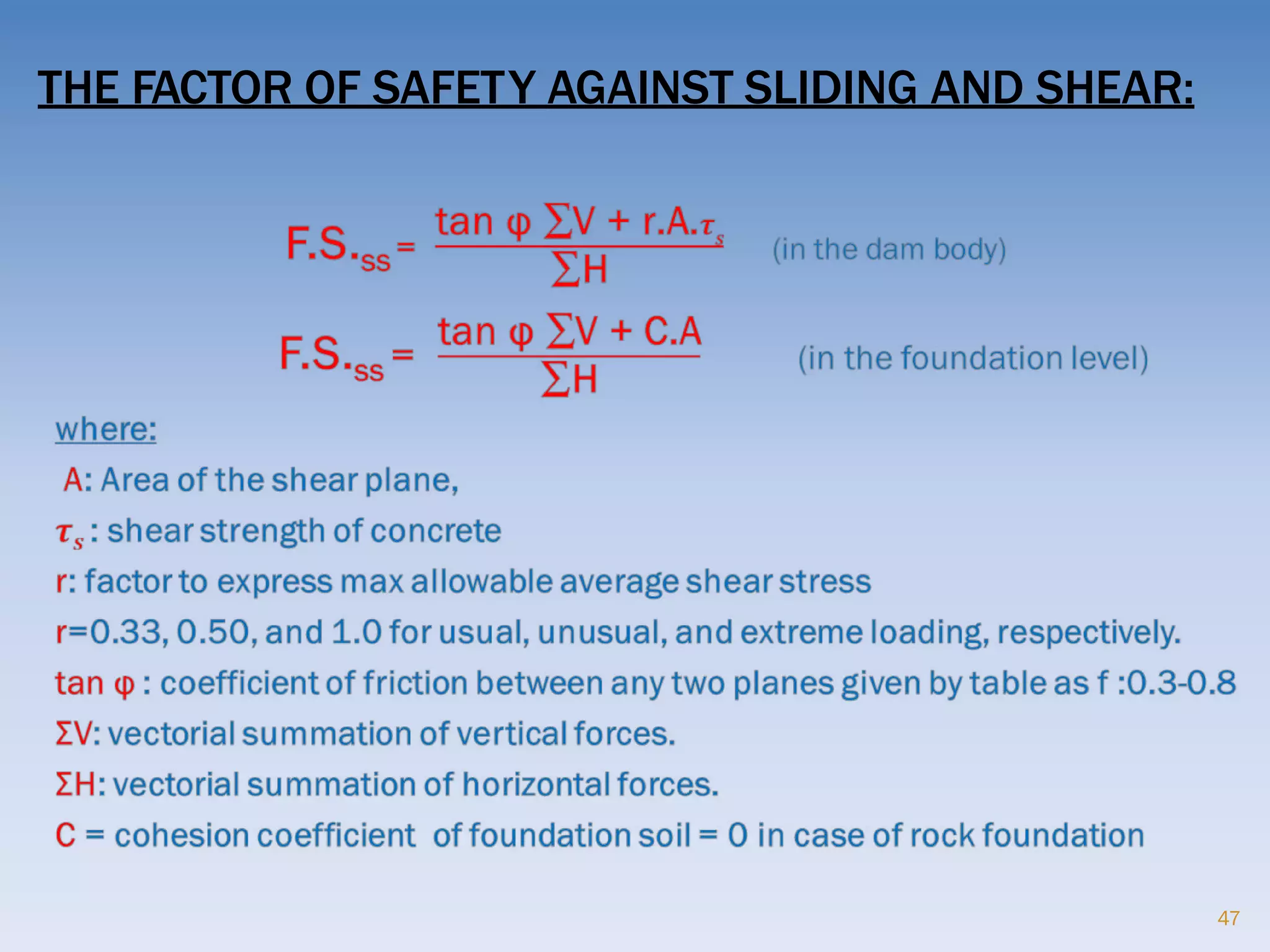 THE FACTOR OF SAFETY AGAINST SLIDING AND SHEAR:
47
 