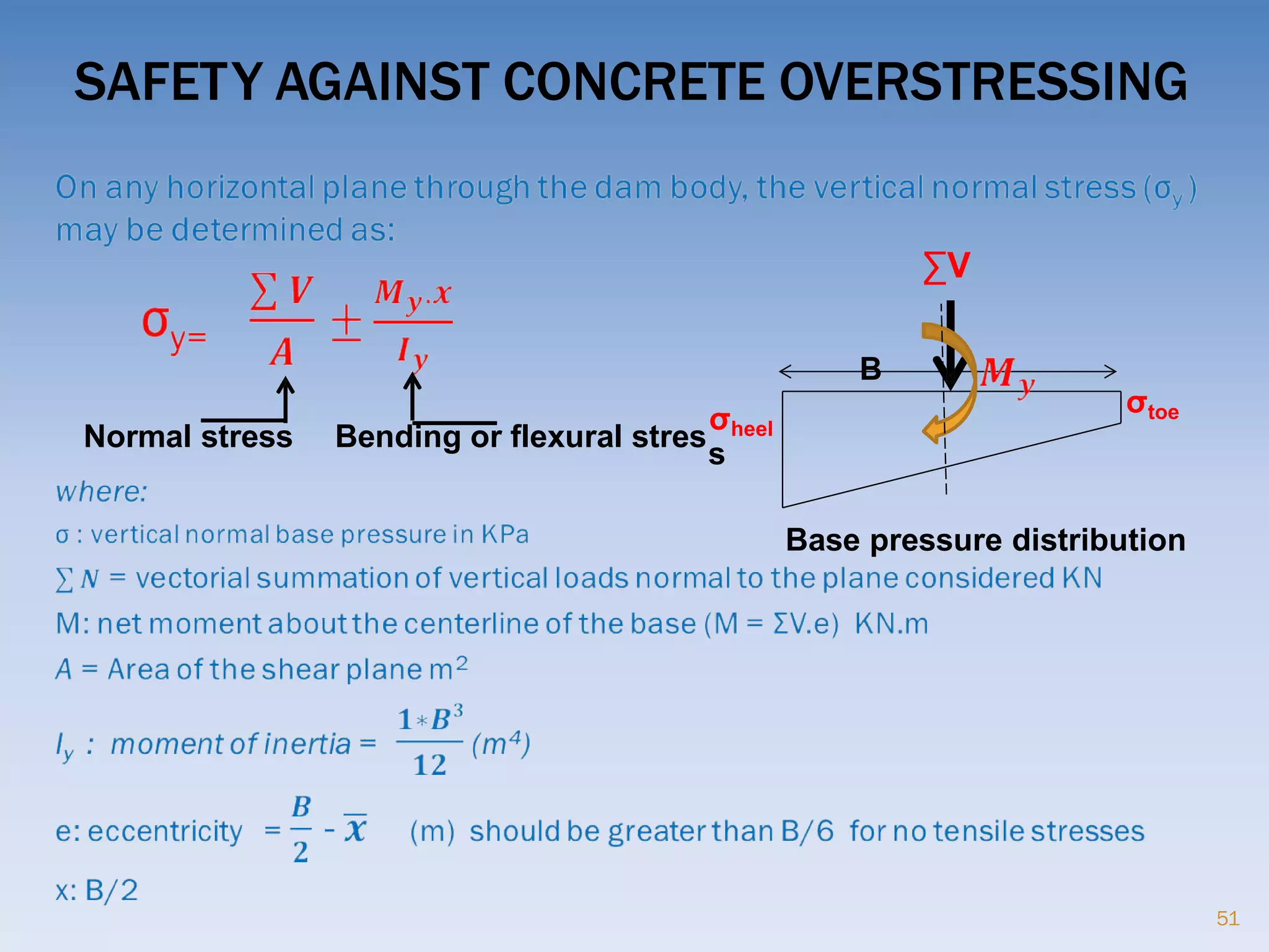 SAFETY AGAINST CONCRETE OVERSTRESSING
Normal stress Bending or flexural stres
σheel
s
σtoe
Base pressure distribution
∑V
B
51
 