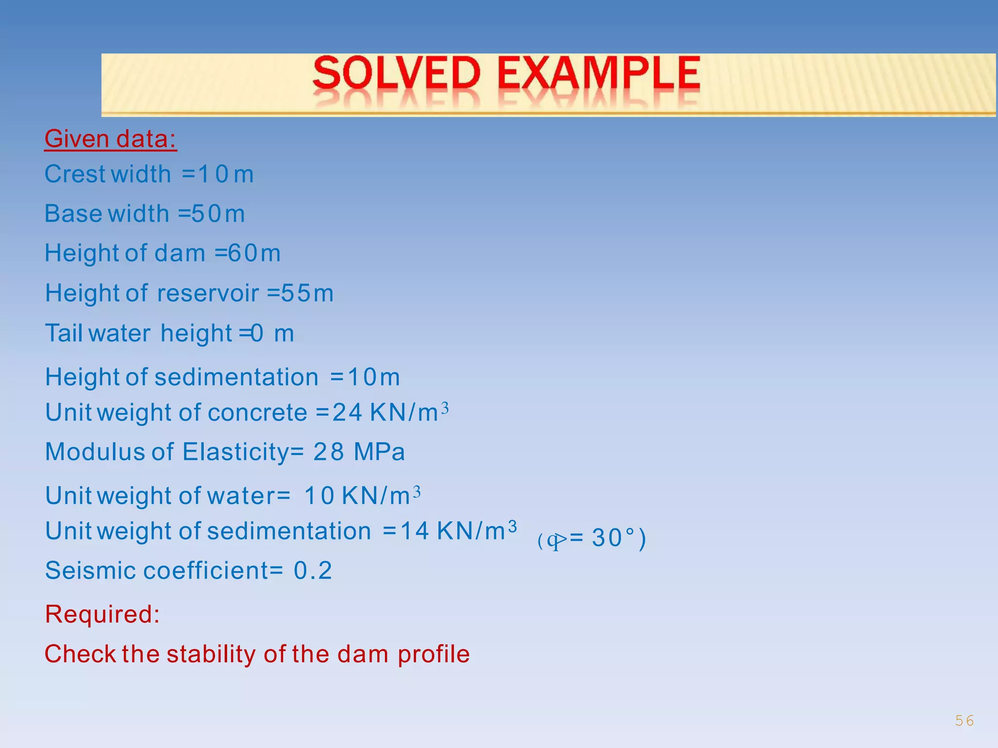 56
Given data:
Crest width =1 0 m
Base width =50m
Height of dam =60m
Height of reservoir =55m
Tail water height =0 m
Height of sedimentation =10m
Unit weight of concrete =24 KN/m3
Modulus of Elasticity= 28 MPa
Unit weight of water= 10 KN/m3
Unit weight of sedimentation =14 KN/m3
Seismic coefficient= 0.2
Required:
Check the stability of the dam profile
( q>= 30°)
 