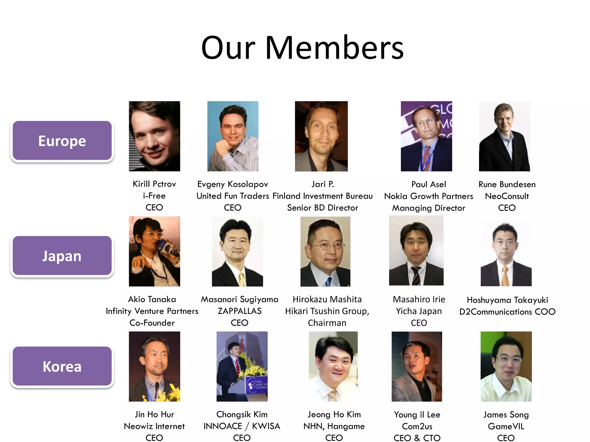Our Members

Europe

               Kirill Pctrov   Evgeny Kosolapov             Jari P.                 PauI Asel      Rune Bundesen
                  i-Free       United Fun Traders Finland Investment Bureau   Nokia Growth Partners NeoConsult
                   CEO                CEO             Senior BD Director       Managing Director        CEO




Japan

                Akio Tanaka        Masanori Sugiyama Hirokazu Mashita          Masahiro Irie    Hoshuyama Takayuki
         Infinity Venture Partners    ZAPPALLAS     Hikari Tsushin Group,      Yicha Japan     D2Communications COO
                 Co-Founder              CEO              Chairman                 CEO



Korea

               Jin Ho Hur          Chongsik Kim           Jeong Ho Kim          Young il Lee        James Song
             Neowiz Internet    INNOACE / KWISA          NHN, Hangame             Com2us             GameVIL
                  CEO                 CEO                     CEO               CEO & CTO              CEO
 