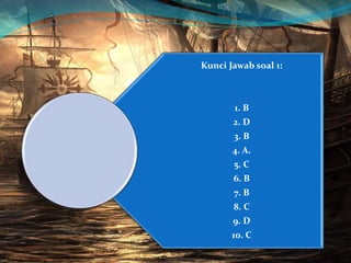 Kunci Jawab soal 1:
1. B
2. D
3. B
4. A.
5. C
6. B
7. B
8. C
9. D
10. C
 