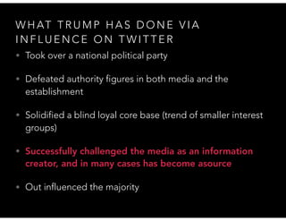W H AT T R U M P H A S D O N E V I A
I N F L U E N C E O N T W I T T E R
• Took over a national political party
• Defeated authority figures in both media and the
establishment
• Solidified a blind loyal core base (trend of smaller interest
groups)
• Successfully challenged the media as an information
creator, and in many cases has become asource
• Out influenced the majority
 