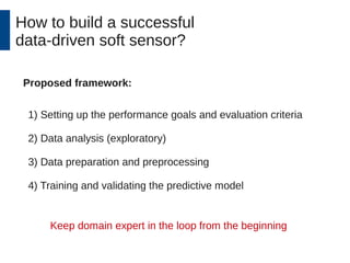 How to build a successful 
data-driven soft sensor? 
Proposed framework: 
1) Setting up the performance goals and evaluation criteria 
2) Data analysis (exploratory) 
3) Data preparation and preprocessing 
4) Training and validating the predictive model 
Keep domain expert in the loop from the beginning 
 