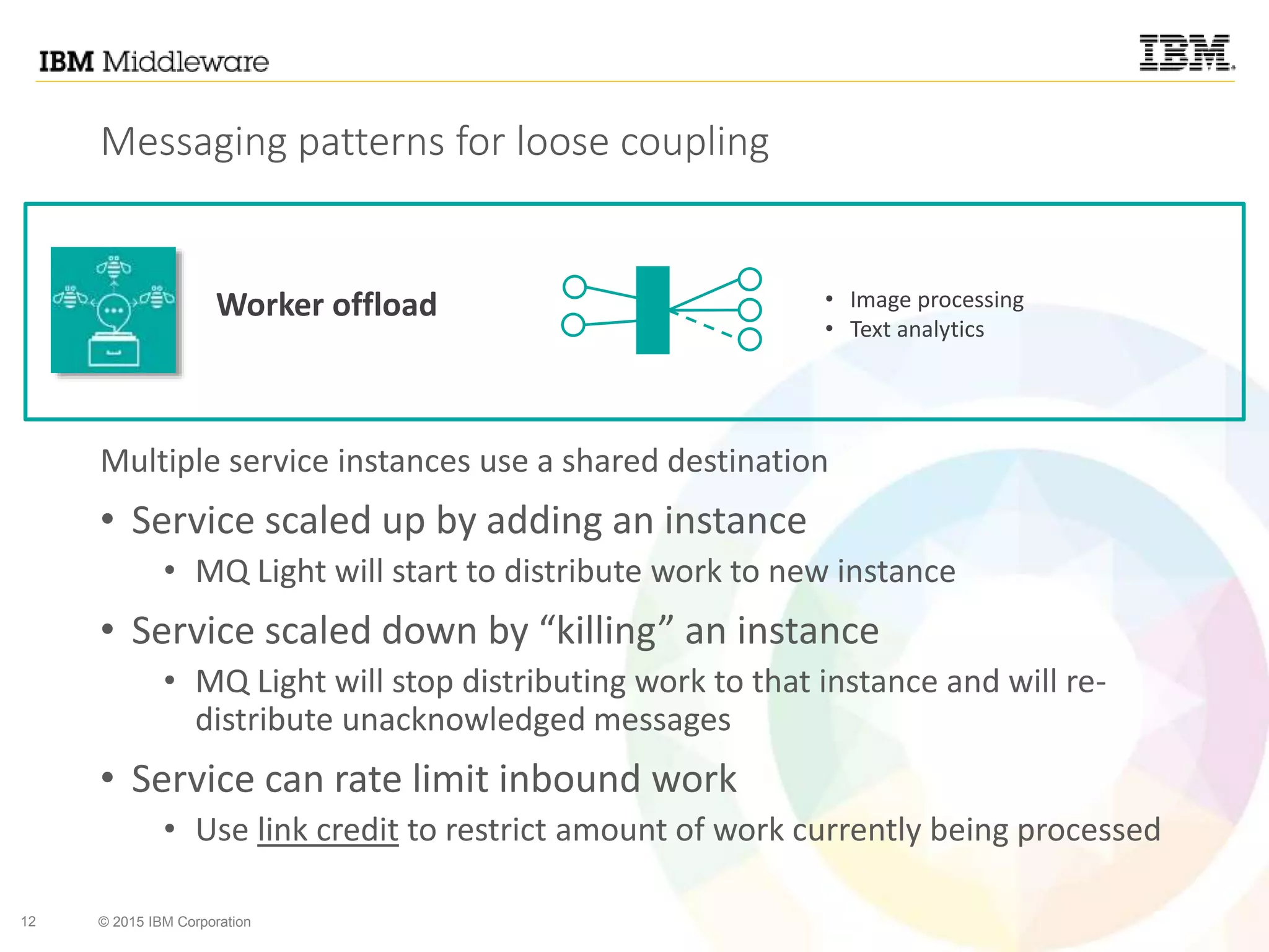 12 © 2015 IBM Corporation
Messaging patterns for loose coupling
Worker offload • Image processing
• Text analytics
Multiple service instances use a shared destination
• Service scaled up by adding an instance
• MQ Light will start to distribute work to new instance
• Service scaled down by “killing” an instance
• MQ Light will stop distributing work to that instance and will re-
distribute unacknowledged messages
• Service can rate limit inbound work
• Use link credit to restrict amount of work currently being processed
 