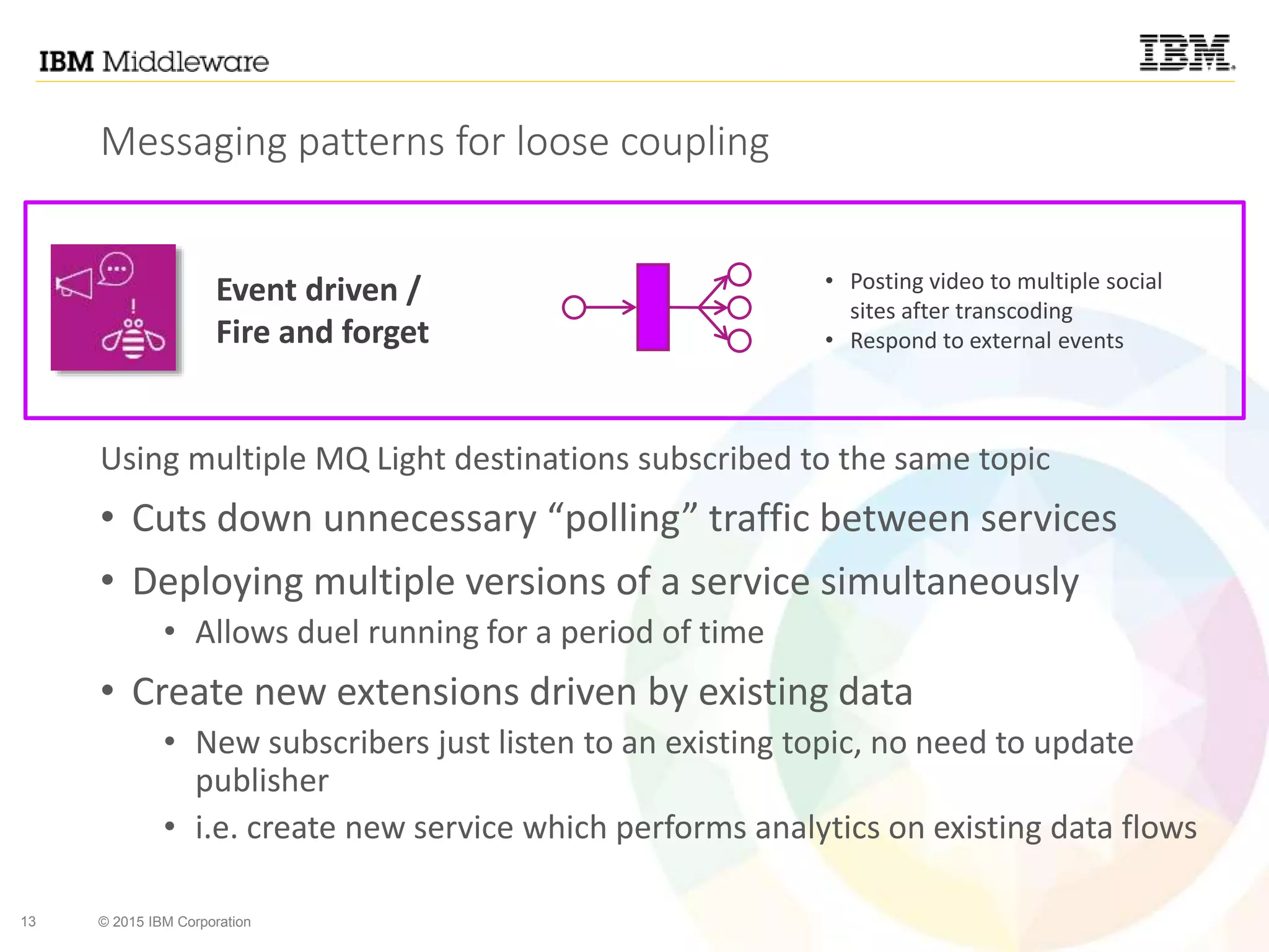 13 © 2015 IBM Corporation
Messaging patterns for loose coupling
Event driven /
Fire and forget
• Posting video to multiple social
sites after transcoding
• Respond to external events
Using multiple MQ Light destinations subscribed to the same topic
• Cuts down unnecessary “polling” traffic between services
• Deploying multiple versions of a service simultaneously
• Allows duel running for a period of time
• Create new extensions driven by existing data
• New subscribers just listen to an existing topic, no need to update
publisher
• i.e. create new service which performs analytics on existing data flows
 