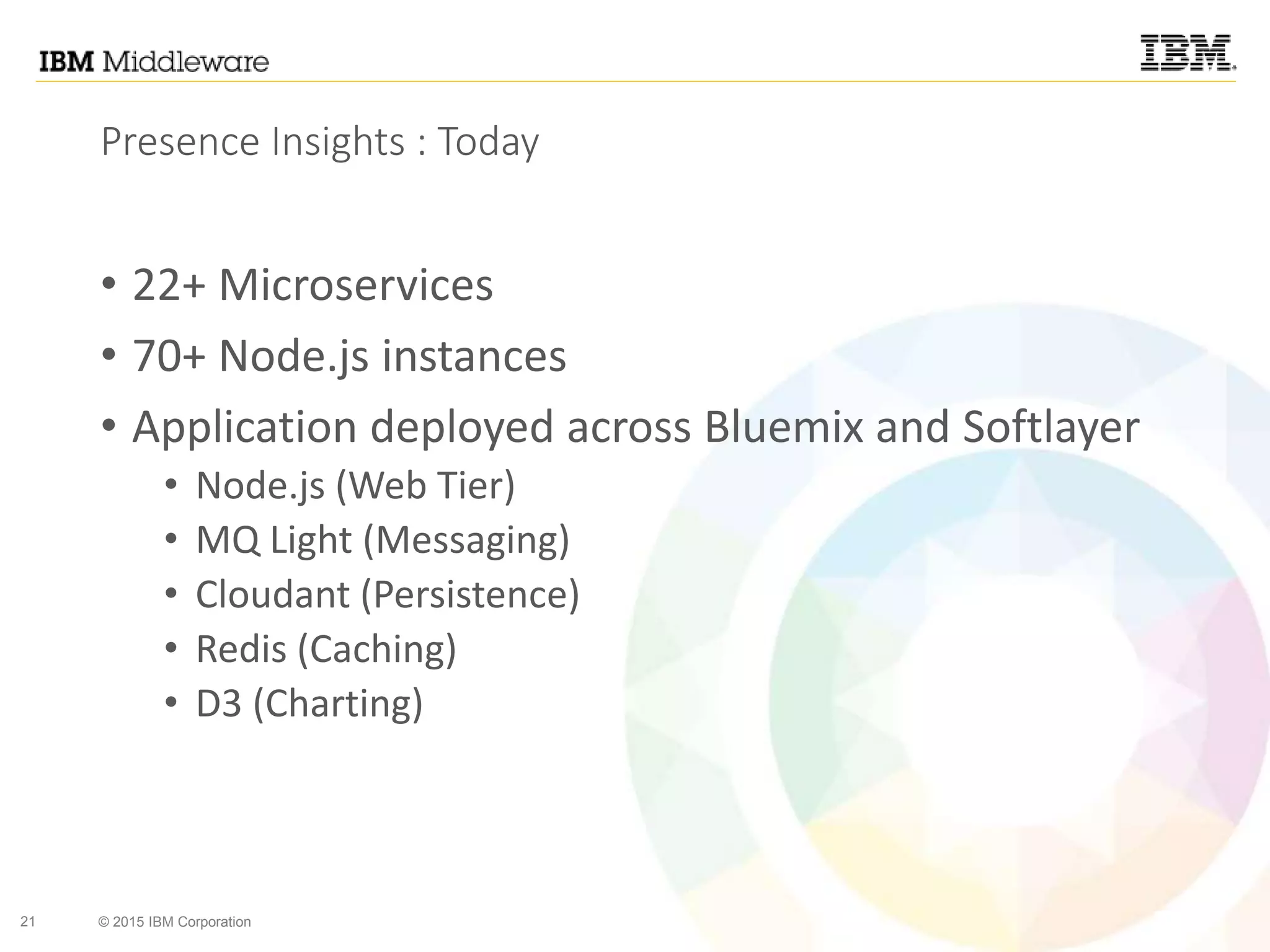 21 © 2015 IBM Corporation
Presence Insights : Today
• 22+ Microservices
• 70+ Node.js instances
• Application deployed across Bluemix and Softlayer
• Node.js (Web Tier)
• MQ Light (Messaging)
• Cloudant (Persistence)
• Redis (Caching)
• D3 (Charting)
 