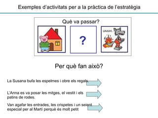 Per què fan això?
La Susana bufa les espelmes i obre els regals.
L’Anna es va posar les mitges, el vestit i els
patins de rodes.
Van agafar les entrades, les crispetes i un seient
especial per al Martí perquè és molt petit
?
Què va passar?
Exemples d’activitats per a la pràctica de l’estratègia
 