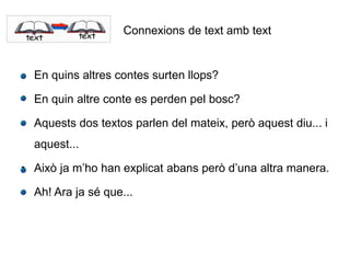 • En quins altres contes surten llops?
• En quin altre conte es perden pel bosc?
• Aquests dos textos parlen del mateix, però aquest diu... i
aquest...
• Això ja m’ho han explicat abans però d’una altra manera.
• Ah! Ara ja sé que...
Connexions de text amb text
 