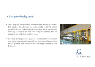 • Company background
• The Company established a partnership by means of a JV for
the cooker-hood business worldwide in 19...