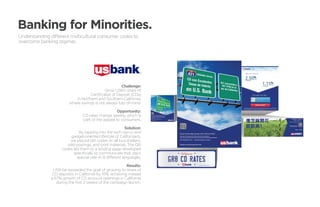 Banking for Minorities.
Understanding different multicultural consumer codes to
overcome banking stigmas.




              	Challenge:
                                    Grow USB’s share of
                           Certificates of Deposit (CDs)
                   in Northern and Southern California,
                where savings is not always top-of-mind.
              	
                                           Opportunity:
                       CD rates change weekly, which is
                       part of the appeal to consumers.

                                                           Solution:
                              By tapping into the tech-savvy and
                        gadget-oriented lifestyle of Californians,
                        we placed QR codes on all bus-shelters,
                       wild postings, and print materials. The QR
                    codes led them to a landing page developed
                           specifically to communicate that day’s
                             special rate–in 8 different languages.

                                                         Results:
               USB far exceeded the goal of growing its share of
              CD deposits in California by 10%, achieving instead
              a 67% growth of CD account openings in California
                 during the first 2 weeks of the campaign launch.
 