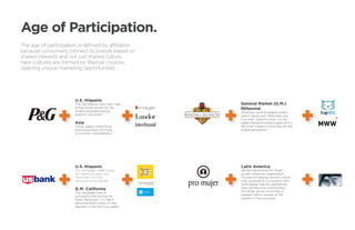 Age of Participation.
The age of participation is defined by affiliation
because consumers connect to brands based on
shared interests and not just shared culture.
New cultures are formed by lifestyle choices,
opening unique marketing opportunities.




                       U.S. Hispanic
                       The “De México, now here” idea     General Market (G.M.)
                       b
                        rings home results for the       Millennial
                       largest packaged goods             America’s second-largest winery
                       brand in the world.                wasn’t aging well. Millennials saw
                                                          it as their “parent’s wine.” So we
                       Asia                               asked friends to share a glass of K-J.
                       China, Japan, Hong Kong            We even created a wine app for the
                       and Korea have one thing           mobile generation.
                       in common: GlobalWorks.




                       U.S. Hispanic                      Latin America
                       Our campaign made it easy          We are rebranding Pro Mujer,
                       for Latinos to save, and           a Latin American organization
                       more than 100,000                  focused on helping women unlock
                       accounts were opened.              their potential to cut poverty and
                                                          build better lives for themselves,
                       G.M. California                    their families and communities.
                       The campaign was so                Pro Mujer serves more than a
                       successful that during the         quarter-million women at 170
                       Great Recession, U.S. Bank         centers in five countries.
                       attracted $100 million in new
                       deposits in the first two weeks.
 
