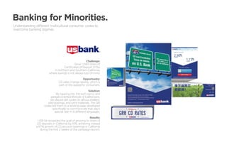 Banking for Minorities.
Understanding different multicultural consumer codes to
overcome banking stigmas.




              	Challenge:
                                    Grow USB’s share of
                           Certificates of Deposit (CDs)
                   in Northern and Southern California,
                where savings is not always top-of-mind.
              	
                                           Opportunity:
                       CD rates change weekly, which is
                       part of the appeal to consumers.

                                                           Solution:
                              By tapping into the tech-savvy and
                        gadget-oriented lifestyle of Californians,
                        we placed QR codes on all bus-shelters,
                       wild postings, and print materials. The QR
                    codes led them to a landing page developed
                           specifically to communicate that day’s
                             special rate–in 8 different languages.

                                                         Results:
               USB far exceeded the goal of growing its share of
              CD deposits in California by 10%, achieving instead
              a 67% growth of CD account openings in California
                 during the first 2 weeks of the campaign launch.
 
